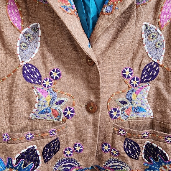 Pinko Womens Tan Silk/Linen Embroidered Floral Blazer Jacket US Size Small - Picture 4 of 7